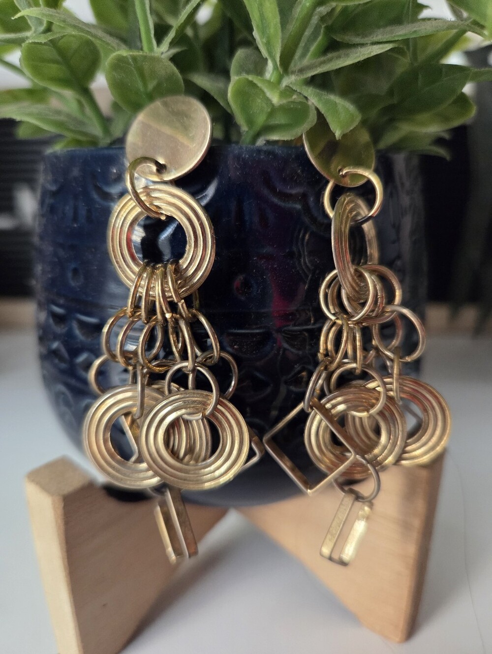 Bricolage Gold Tone Circle and Square Chandelier BoHo Earrings 3"